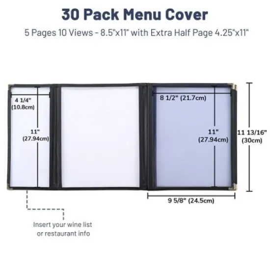 WeChef 30 Pcs Menu Covers 8.5x11" 5 Page 10 View & 4.25x11" Half Page Wine List image {1}