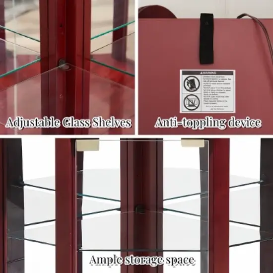 YOOCOZZ Lighted Glass Corner Curio Cabinet &ndash; Adjustable Shelves, Carved Cherry Decoration, Wine Storage image {5}