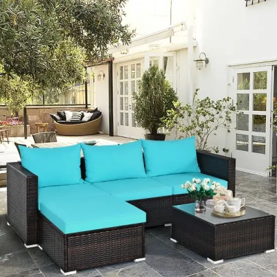 Costway 5PCS Patio Furniture Set Sectional Conversation Sofa Set w/ Coffee Table Blue image {1}