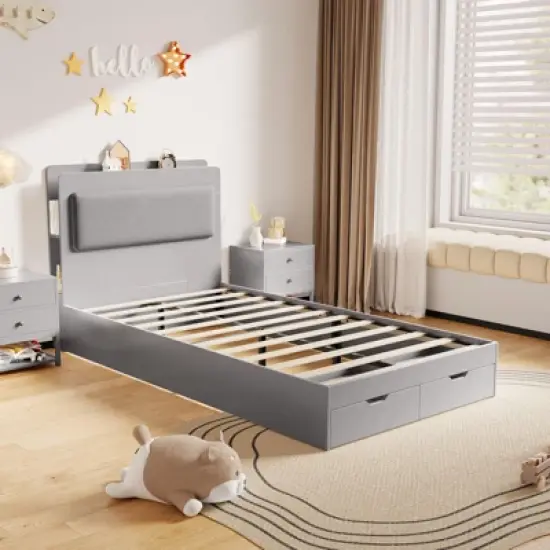 Twin Size Bed Frame, Wooden Platform Bed Frame with 2-Tier Storage Headboard and 2 Drawers, Twin Size Bed Frame with Wooden Slat Support, Light Grey image {1}