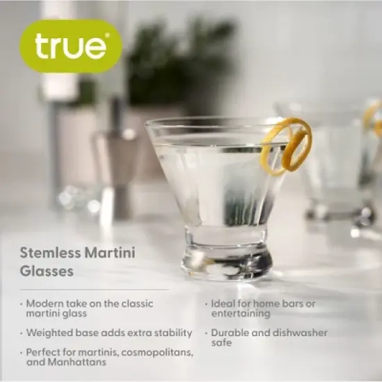 True Stemless Martini Glasses, Set of 4, 8 oz Modern Cocktail Glasses for Martinis, Cosmopolitans, Cocktail Glass Set, Dishwasher Safe, 8 oz, Set of 4 image {1}