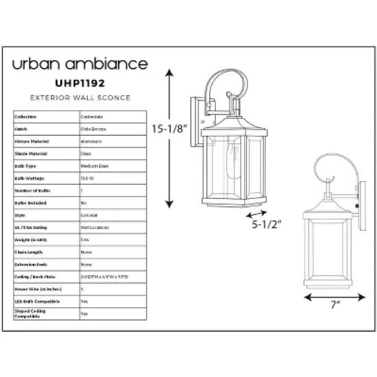 Urban Ambiance Luxury Colonial Outdoor Wall Light,  15-1/8" x 5-1/2",  Olde Bronze Finish, UHP1192 image {5}