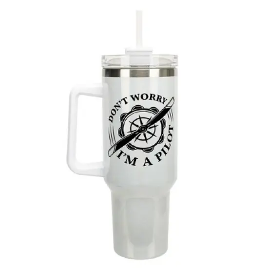 Elanze Designs Don�t Worry I'm A Pilot Airplane 40 oz. Stainless Steel, Large Water Bottle Coffee Mug, Spill & Leak Resistant, Thermal Travel Tumbler image {1}
