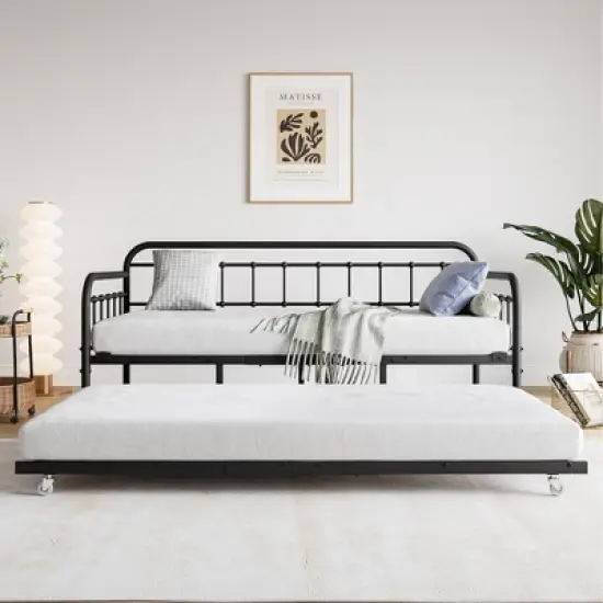 Twin Size Metal Daybed Frame with Trundle, Heavy Duty Steel Slat Support Sofa Bed Platform with Headboard, No Box Spring Needed, Black image {2}