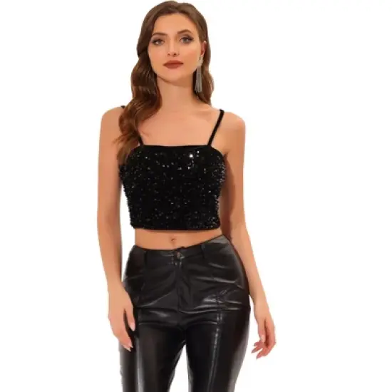 Allegra K Women's Velvet Spaghetti Strap Club Party Crop Sequined Cami Top image {8}