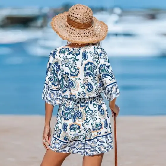 Women's Boho Chic Floral Print Beach Romper with Belt - Cupshe image {3}