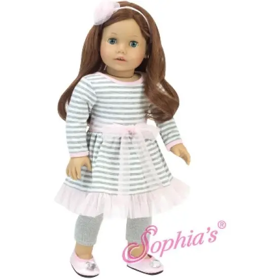 Sophia&rsquo;s Striped Tulle Hem Dress, Leggings, & Headband for 18&rdquo; Dolls, Pink/Gray image {2}