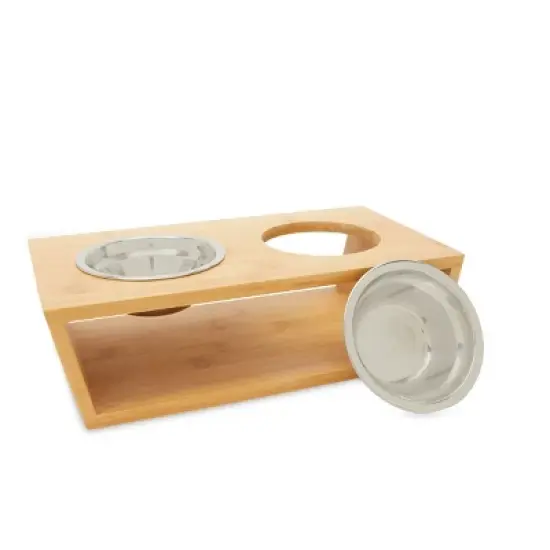 Zodaca 3 Piece Cat and Dog Pet Food Bowl set, Elevated Bamboo Stand, 2 Bowls, 4.5 x 13 In image {7}