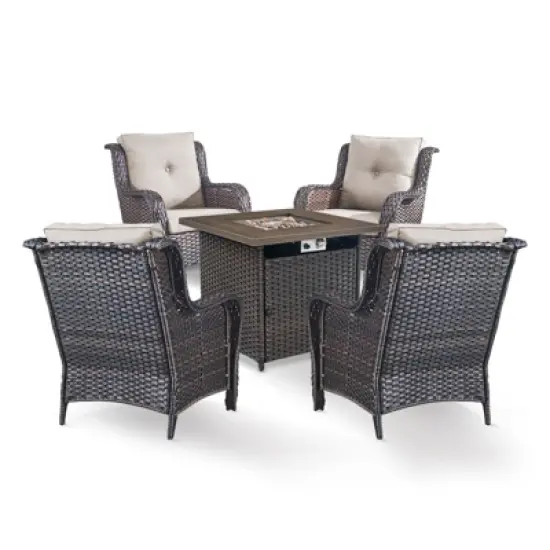 POCASSY 5-Piece Patio Furniture Set with Fire Pit Table, Outdoor Seating Set with 50000 BTU Fire Pit, All-Weather Wicker Patio Bent Armchair image {2}