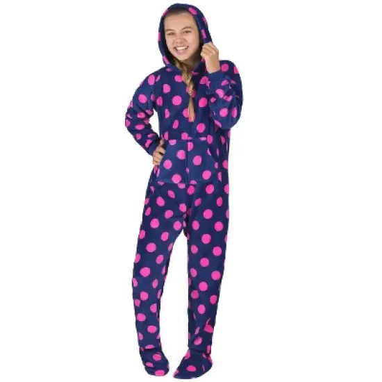 Footed Pajamas - Navy Pink Polka Kids Hoodie Chenille Onesie image {2}