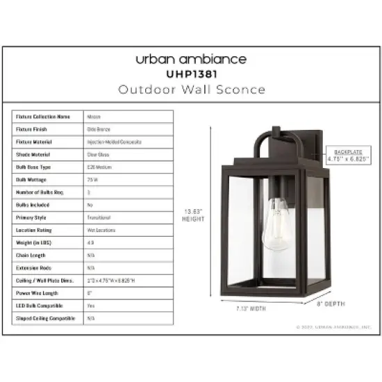 Urban Ambiance Luxury Farmhouse Outdoor Wall Sconce 13.625''H x 7.125''W,  Olde Bronze Finish,  Macon Collection, UHP1381 image {3}