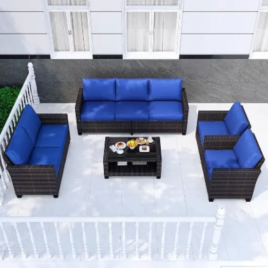 Acekool 8-Piece Outdoor Patio Conversation Set with Thick Cushions, Tempered Glass Coffee Table, and Storage for Garden, Porch & Backyard image {6}