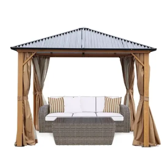 Aoodor Gazebo Polycarbonate Roof, Wooden Print Aluminum Frame With Mosquito Netting And Curtain image {10}