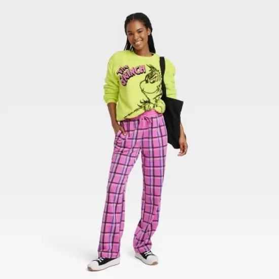 Women's Plaid Fleece Wide Leg Graphic Pants - Pink image {2}