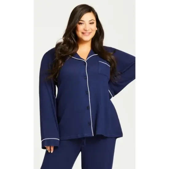 Women's Plus Size Hacci Button Plain Top - Navy | AVENUE image {3}