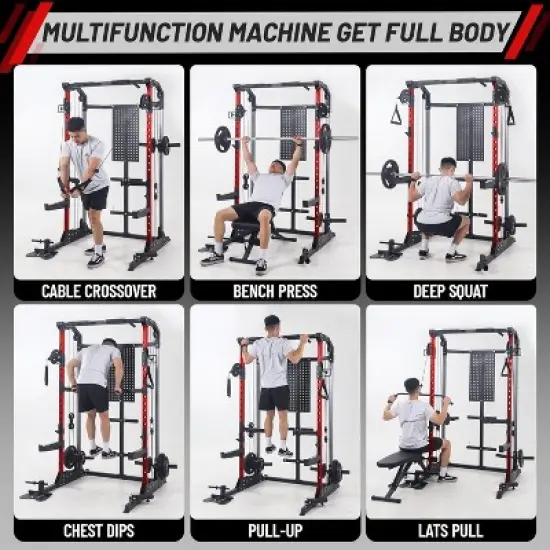 Power Cage Home Rack, 2000LB Squat Rack, Dual Pulley Cable Crossover System,Multi-Function Free Weight Gym Workout Machine with Bench Attachments Red image {6}