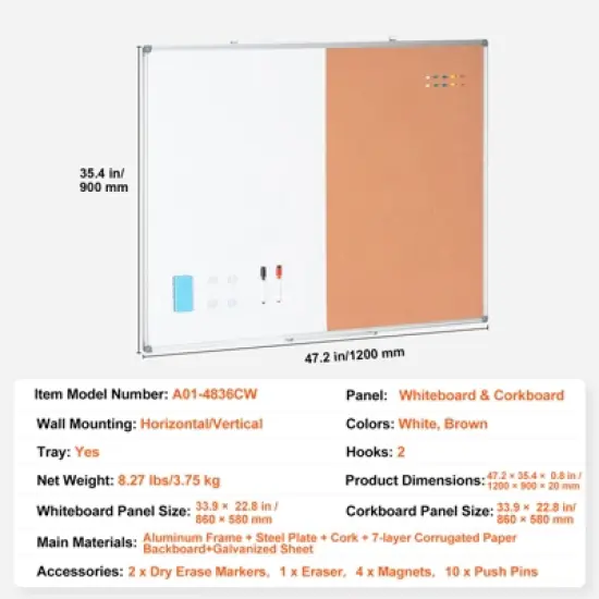 VEVOR 48"x 36" Whiteboard & Cork Board Combo with Aluminum Frame &ndash; 2-in-1 Magnetic Dry Erase Bulletin Board for Wall Mount image {7}