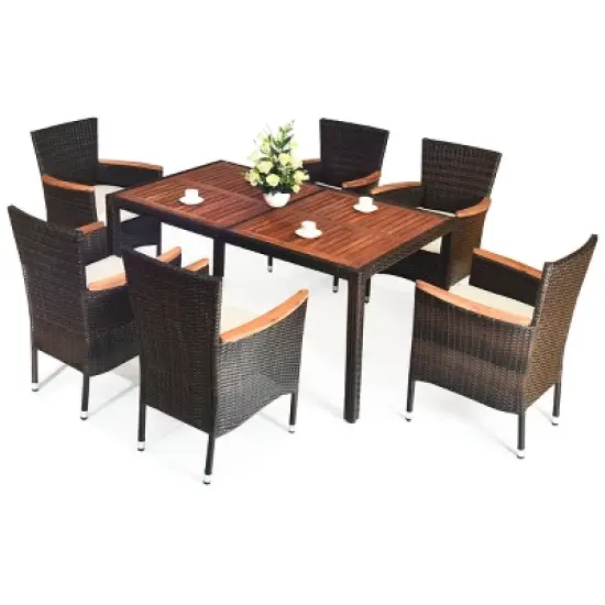 Costway 7PCS Patio Rattan Dining Set 6 Stackable Chairs Cushioned image {1}
