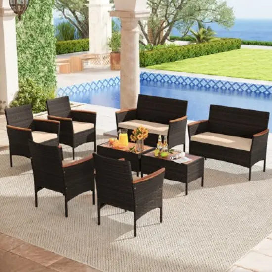 Tangkula 8 Piece Outdoor Patio Rattan Furniture Set Rattan Conversation Set w/ Chairs & Loveseat image {3}