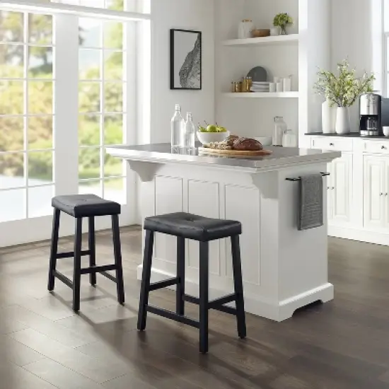 Julia Stainless Steel Top Kitchen Island with 2 Upholstered Saddle Counter Height Barstools White - Crosley image {2}