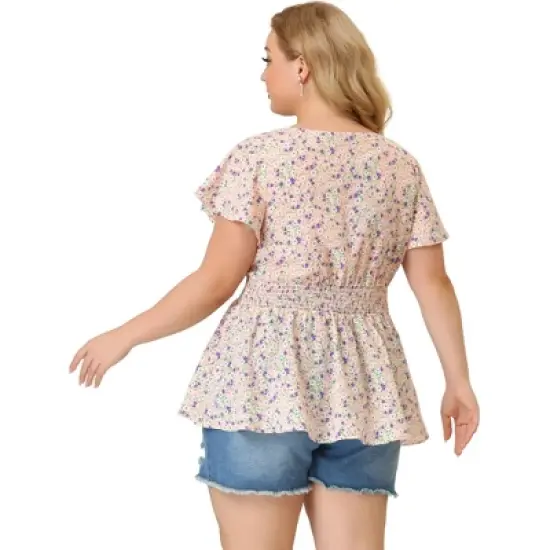 Agnes Orinda Women's Plus Size Peplum Top Flare Sleeve Casual V Neck Smocked Waist Floral Blouses image {4}
