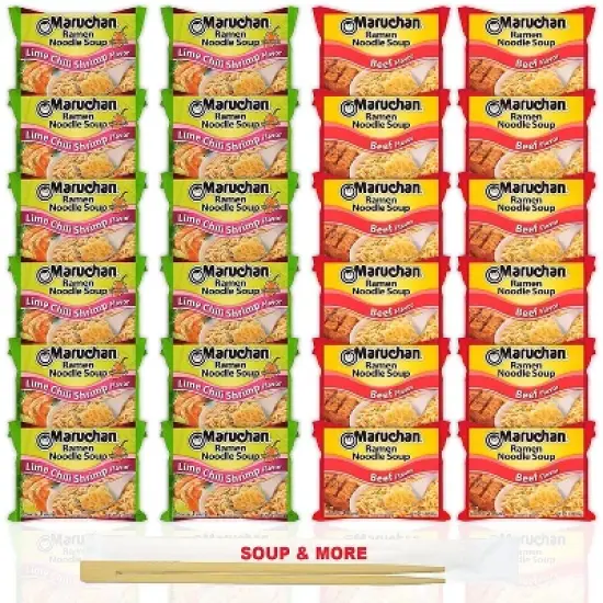 Maruchan Ramen Instant Noodle Soup Variety, 2 Flavors - 12 Packs Lime Chili Shrimp & 12 Packs Beef image {4}