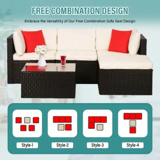 BestMassage 5 Pieces Rattan Patio Furniture Sets Patio Sectional Sofa Set Outdoor Conversation Sofa Set, Khaki image {2}