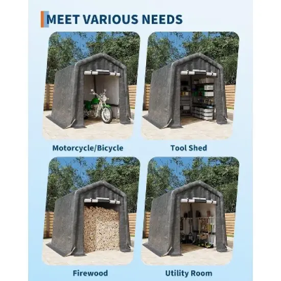 Acekool 6x8FT Outdoor Portable Storage Shed, Roll-Up Door, Heavy-Duty Waterproof PE Tarp, UV-Resistant Shelter for Tools, Garden, Motorcycles, Gray image {2}