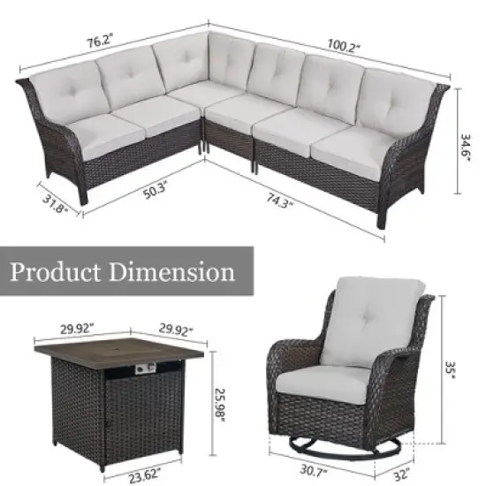 POCASSY 5PCS Outdoor Furniture Set with 30" Propane Fire Pit Table, Outdoor L Shaped Couch Set with All Weather Wicker Sectional Sofa and Swivel Chair image {11}