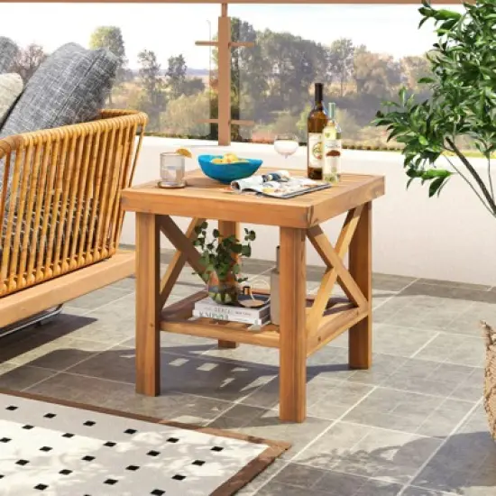 Tangkula 2PCS Outdoor Side Table Acacia Wood Adirondack Table w/ Storage Shelf Natural image {2}
