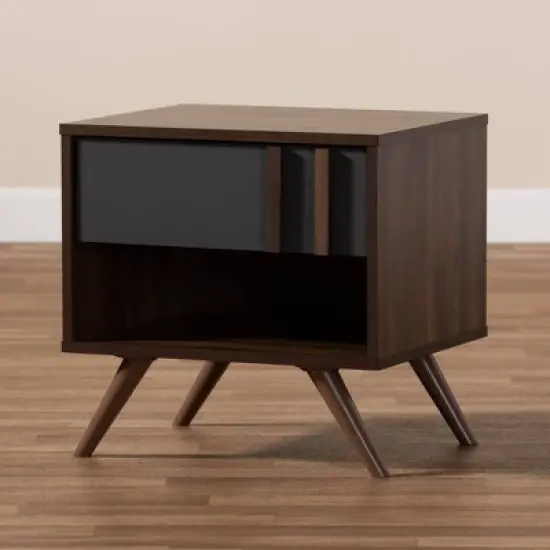 1 Drawer Naoki Two-Tone Wood Nightstand Gray/Walnut - Baxton Studio image {7}