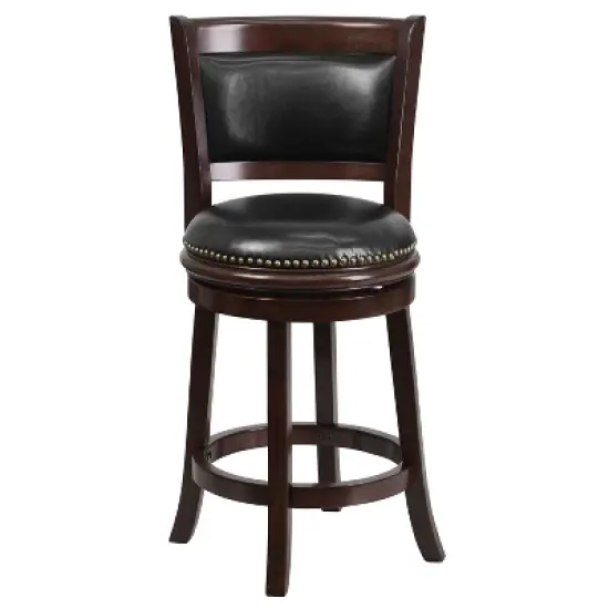 Merrick Lane 24" Wooden Counter Height Stool with Black Faux Leather Upholstered Panel Back & Swivel Seat with Nail Trim, Cappuccino image {5}