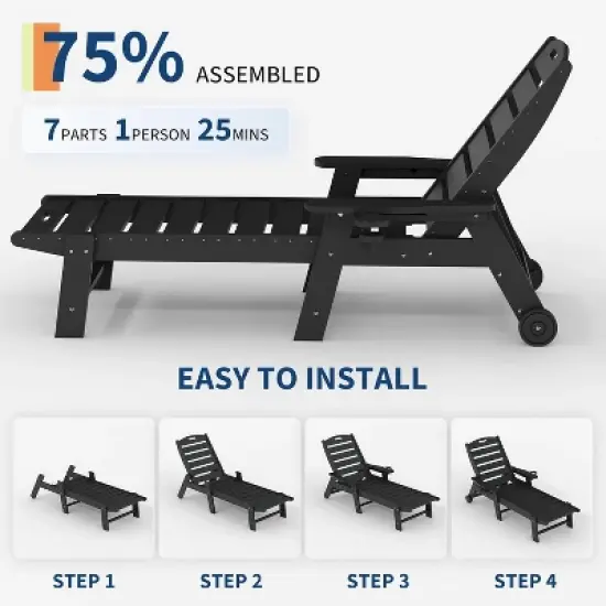 Lounge Chair for Outside, Outdoor HDPE Chaise Loungers with Cup Holder, Resin Pool Lounge Chair with Rolling Wheels image {2}