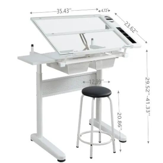 Gulches White Hand Crank Adjustable Drafting Table with 2 Metal Drawers Stool 5mm Tempered Glass Top 75 105cm Height image {1}