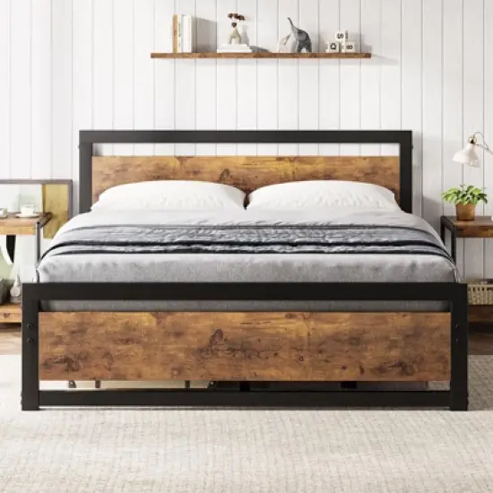 Full Size Bed Frame, 14 Inch King Size Bed Platform Industrial with Headboard No Box Spring Needed, Easy Assemble Mattress Bedframe Retro Brown image {7}