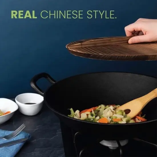 Homeries Pre-Seasoned Cast Iron Wok with 2 Handled and Wooden Lid image {2}