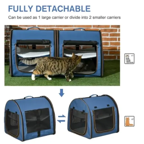Munora 39" Twin Compartment Cat Carrier - Convertible Soft-Sided Pet Kennel with Storage Bag, Blue image {4}