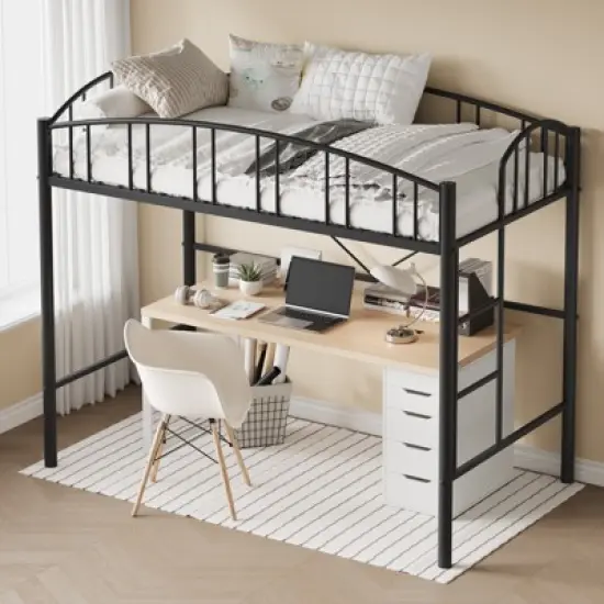 Garvee Loft Bed Twin Size, Heavy Duty Metal Loft Bed Frame with Arched Guardrail and Safety Ladder, Space-Saving, No Box Spring Needed, Black image {4}