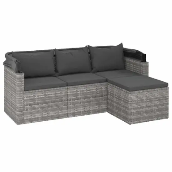 vidaXL 3-Seater Patio Sofa Set with Adjustable Roof, Footstool & Poly Rattan Finish in Gray - Weather-Resistant Outdoor Lounger image {3}