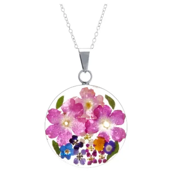 Women's Sterling Silver Pressed Flowers Small Round Pendant (18") image {3}