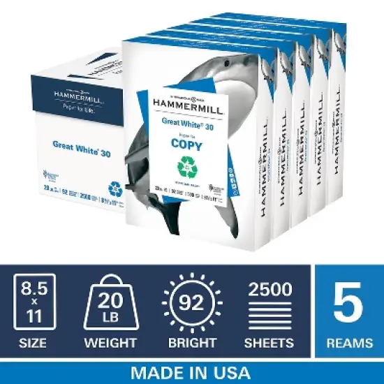 Hammermill Great White 30 Recycled Print Paper 92 Bright 20lb 8.5 x 11 White 500 Sheets/Ream 5 image {1}