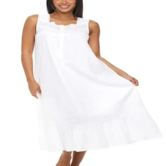 Women's Cotton Victorian Nightgown, Gwendoline Sleeveless Lace Trimmed Button Up Long Vintage Night Dress Gown image {6}