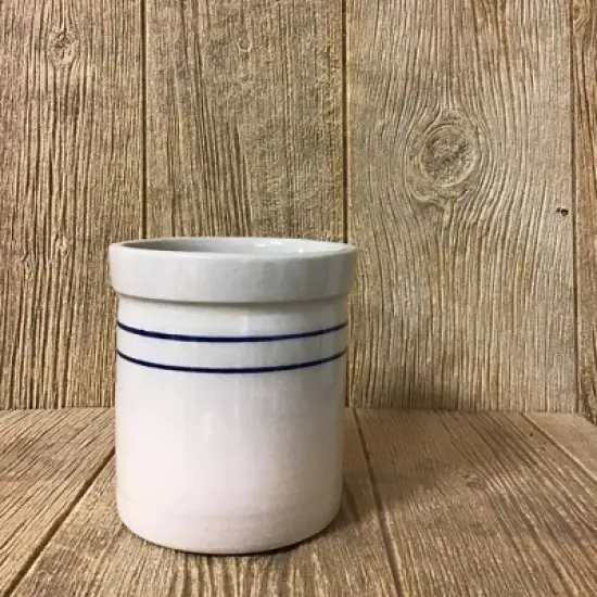 Martinez Pottery Pickling Fermenting Crock - Tan with Blue Stripe Stoneware Jar, 1/2 Gallon Capacity image {1}