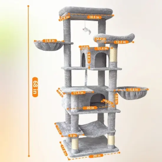 YOOCOZZ 68 Inches Multi-Level Large and Tall Cat Tree, Scratching Post with Sisal Rope-Gray image {7}