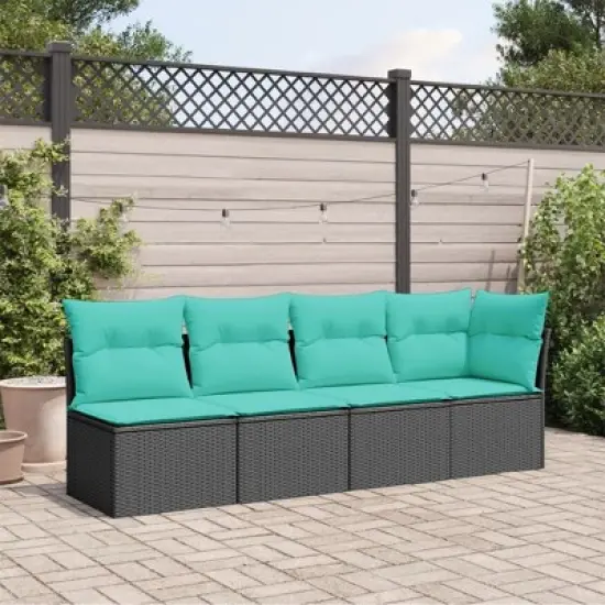 vidaXL Patio Sofa with Cushions - 4-Seater Outdoor Furniture Black Poly Rattan - Modular Design with Washable Covers image {2}
