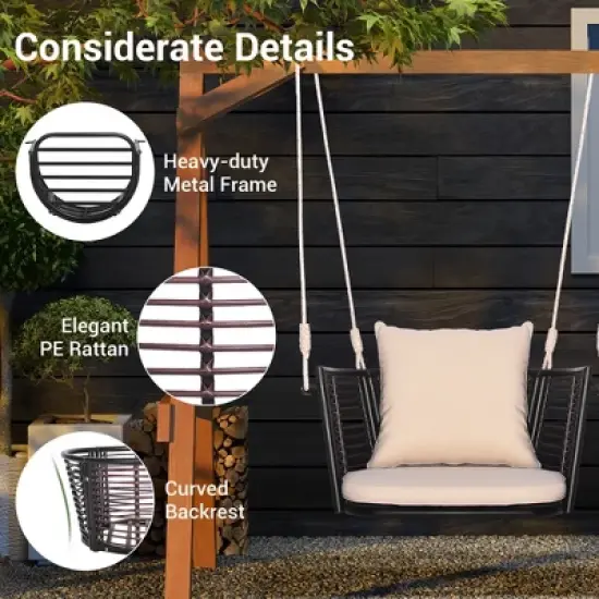 Tangkula Outdoor Metal Porch Swing Single Person Hanging Seat w/ Woven Rattan Backrest Porch Backyard image {7}