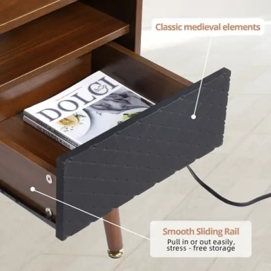 Mid-Century Nightstand with Drawers, Side Table with Charging Station image {5}