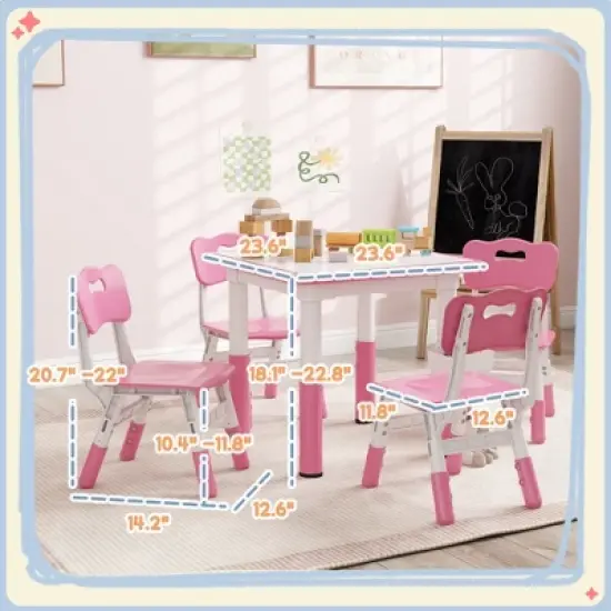 Yinvani Pink 5 Piece Toddler Table with 4 Chairs Set image {5}