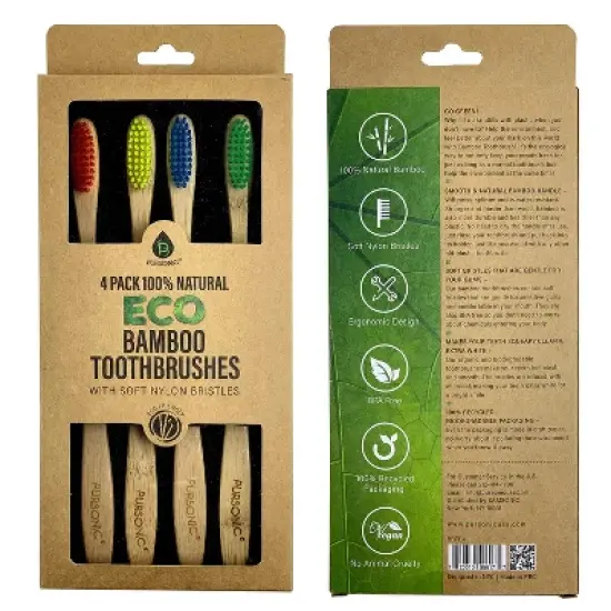 Pursonic Natural Eco-Friendly Bamboo Toothbrushes With Soft Nylon Bristles - 4 pack image {1}
