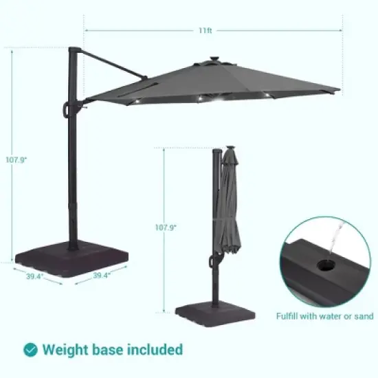 Sonkuki Outdoor 11Ft Aluminum LED Cantilever Patio Umbrella with Base for Patio Deck Garden image {2}